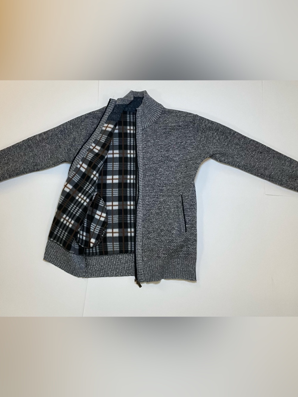 Men’s Gray Marled Full Zip Sweater Jacket Plaid Fleece Lined Size S - Picture 4 of 8